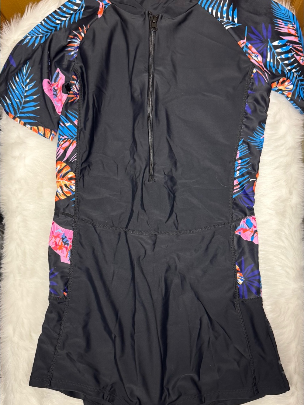Black Tropical Zip Front One Piece Swimsuit Size XL